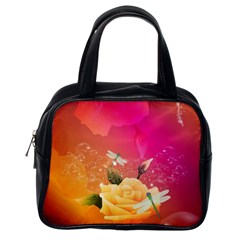 Beautiful Roses With Dragonflies Classic Handbags (one Side) by FantasyWorld7