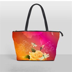 Beautiful Roses With Dragonflies Shoulder Handbags by FantasyWorld7