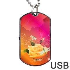 Beautiful Roses With Dragonflies Dog Tag Usb Flash (one Side) by FantasyWorld7