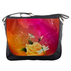 Beautiful Roses With Dragonflies Messenger Bags by FantasyWorld7