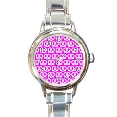 Pink Pretzel Illustrations Pattern Round Italian Charm Watches by GardenOfOphir