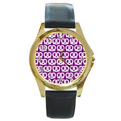 Purple Pretzel Illustrations Pattern Round Gold Metal Watches by GardenOfOphir