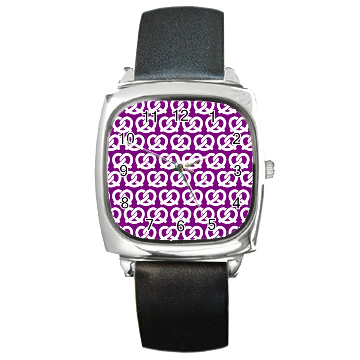 Purple Pretzel Illustrations Pattern Square Metal Watches