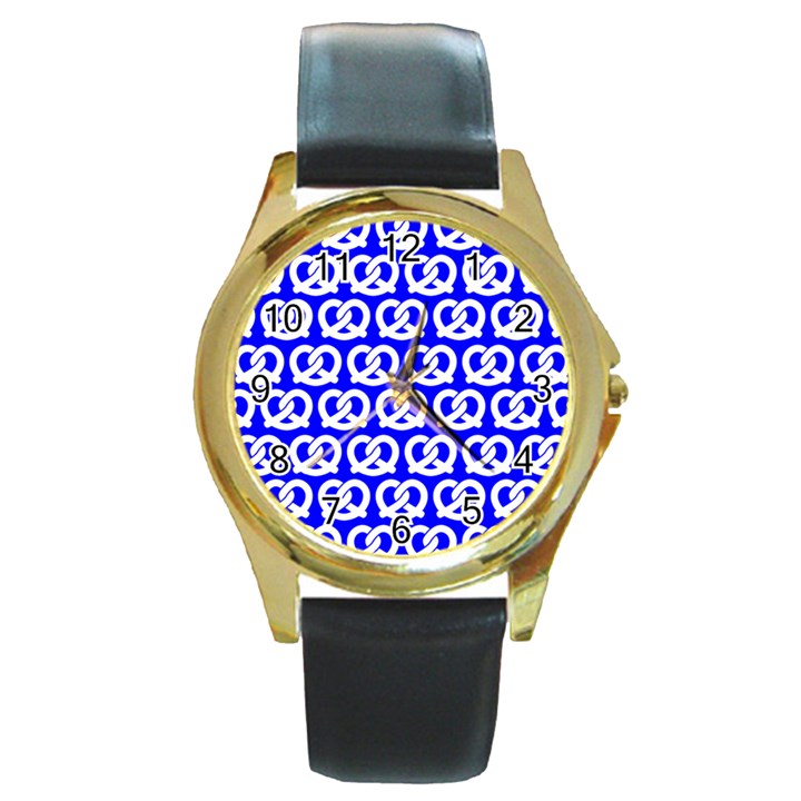 Blue Pretzel Illustrations Pattern Round Gold Metal Watches