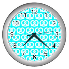 Aqua Pretzel Illustrations Pattern Wall Clocks (silver) 