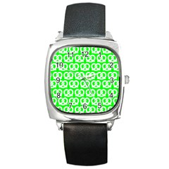 Neon Green Pretzel Illustrations Pattern Square Metal Watches by GardenOfOphir