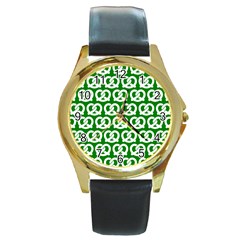 Green Pretzel Illustrations Pattern Round Gold Metal Watches by GardenOfOphir