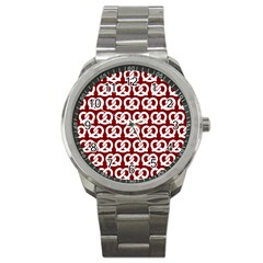 Red Pretzel Illustrations Pattern Sport Metal Watches by GardenOfOphir