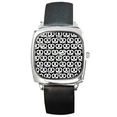 Black And White Pretzel Illustrations Pattern Square Metal Watches by GardenOfOphir