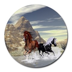 Beautiful Horses Running In A River Round Mousepads by FantasyWorld7