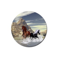 Beautiful Horses Running In A River Rubber Coaster (round)  by FantasyWorld7