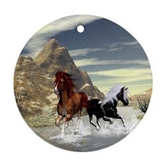 Beautiful Horses Running In A River Round Ornament (two Sides)  by FantasyWorld7