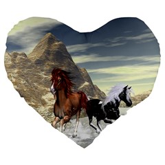 Beautiful Horses Running In A River Large 19  Premium Heart Shape Cushions by FantasyWorld7