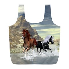 Beautiful Horses Running In A River Full Print Recycle Bags (l)  by FantasyWorld7