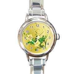 Wonderful Soft Yellow Flowers With Leaves Round Italian Charm Watches by FantasyWorld7