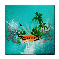 Surfboard With Palm And Flowers Tile Coasters by FantasyWorld7