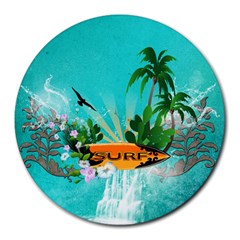 Surfboard With Palm And Flowers Round Mousepads by FantasyWorld7