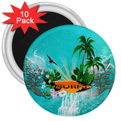 Surfboard With Palm And Flowers 3  Magnets (10 Pack)  by FantasyWorld7