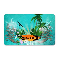 Surfboard With Palm And Flowers Magnet (rectangular) by FantasyWorld7