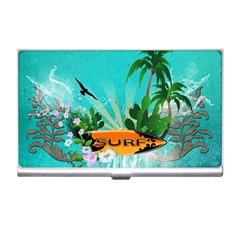 Surfboard With Palm And Flowers Business Card Holders