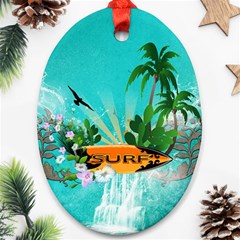 Surfboard With Palm And Flowers Oval Ornament (two Sides) by FantasyWorld7