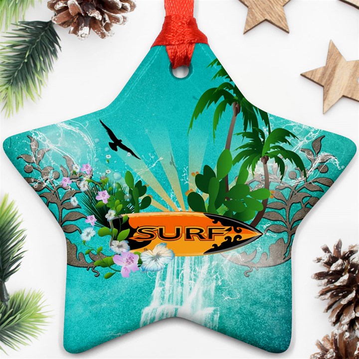 Surfboard With Palm And Flowers Star Ornament (Two Sides) 