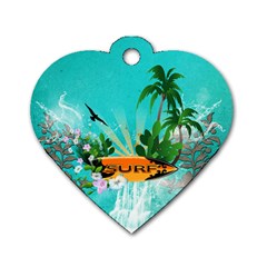 Surfboard With Palm And Flowers Dog Tag Heart (one Side) by FantasyWorld7