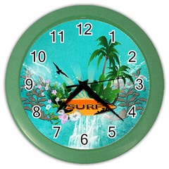 Surfboard With Palm And Flowers Color Wall Clocks by FantasyWorld7