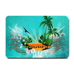 Surfboard With Palm And Flowers Small Doormat  by FantasyWorld7