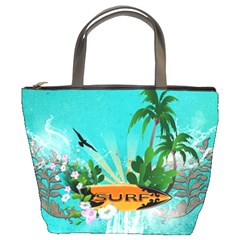 Surfboard With Palm And Flowers Bucket Bags by FantasyWorld7