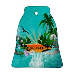 Surfboard With Palm And Flowers Bell Ornament (2 Sides) by FantasyWorld7