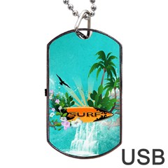 Surfboard With Palm And Flowers Dog Tag Usb Flash (one Side) by FantasyWorld7