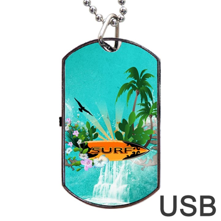 Surfboard With Palm And Flowers Dog Tag USB Flash (Two Sides) 