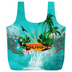 Surfboard With Palm And Flowers Full Print Recycle Bags (l)  by FantasyWorld7