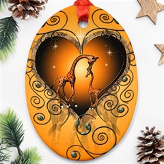 Funny Cute Giraffe With Your Child In A Heart Ornament (oval)  by FantasyWorld7