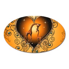 Funny Cute Giraffe With Your Child In A Heart Oval Magnet by FantasyWorld7