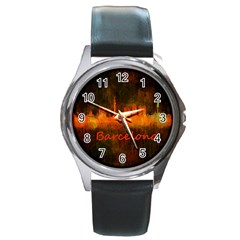 Barcelona City Dark Watercolor Skyline Round Metal Watches