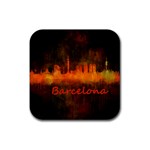 Barcelona City Dark Watercolor Skyline Rubber Coaster (Square)  Front