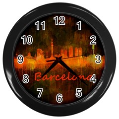 Barcelona City Dark Watercolor Skyline Wall Clocks (black) by hqphoto