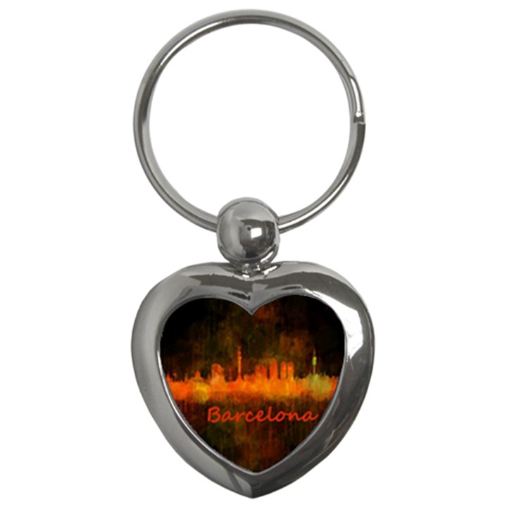 Barcelona City Dark Watercolor Skyline Key Chains (Heart) 