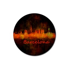 Barcelona City Dark Watercolor Skyline Rubber Coaster (round)  by hqphoto