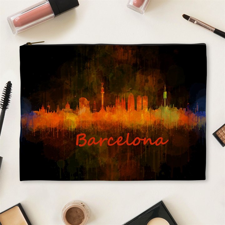 Barcelona City Dark Watercolor Skyline Cosmetic Bag (XL)