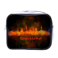 Barcelona City Dark Watercolor Skyline Mini Toiletries Bags by hqphoto