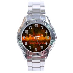 Barcelona City Dark Watercolor Skyline Stainless Steel Men s Watch by hqphoto