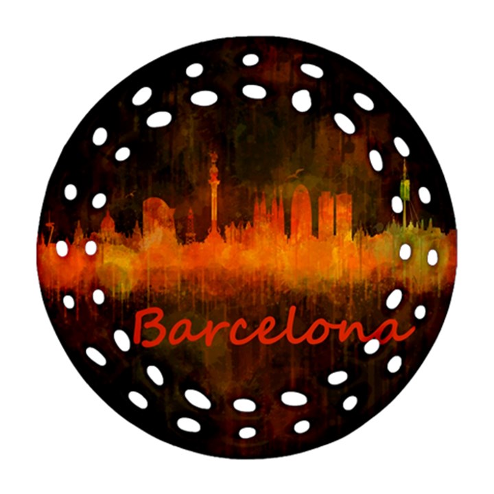 Barcelona City Dark Watercolor Skyline Ornament (Round Filigree) 