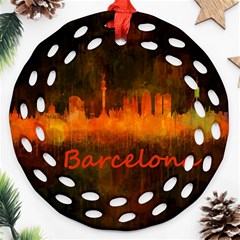 Barcelona City Dark Watercolor Skyline Round Filigree Ornament (2side)