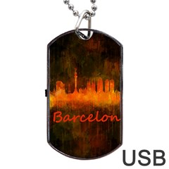 Barcelona City Dark Watercolor Skyline Dog Tag Usb Flash (two Sides)  by hqphoto