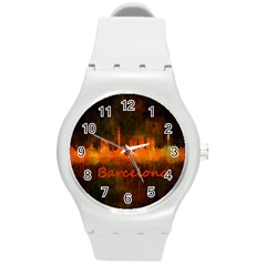 Barcelona City Dark Watercolor Skyline Round Plastic Sport Watch (m) by hqphoto