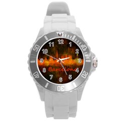 Barcelona City Dark Watercolor Skyline Round Plastic Sport Watch (l) by hqphoto