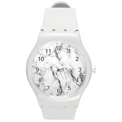 White Marble Stone Print Round Plastic Sport Watch (m) by Dushan